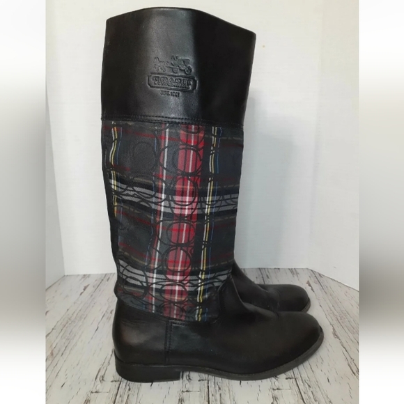 Coach 9B Chrissi Tall Tartan Logo Riding Boots - Picture 3 of 10
